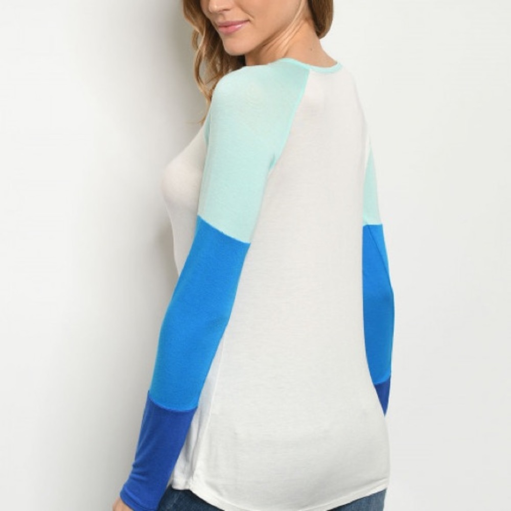 Ivory and Blue Long sleeve color block Tee - Picture 3 of 4